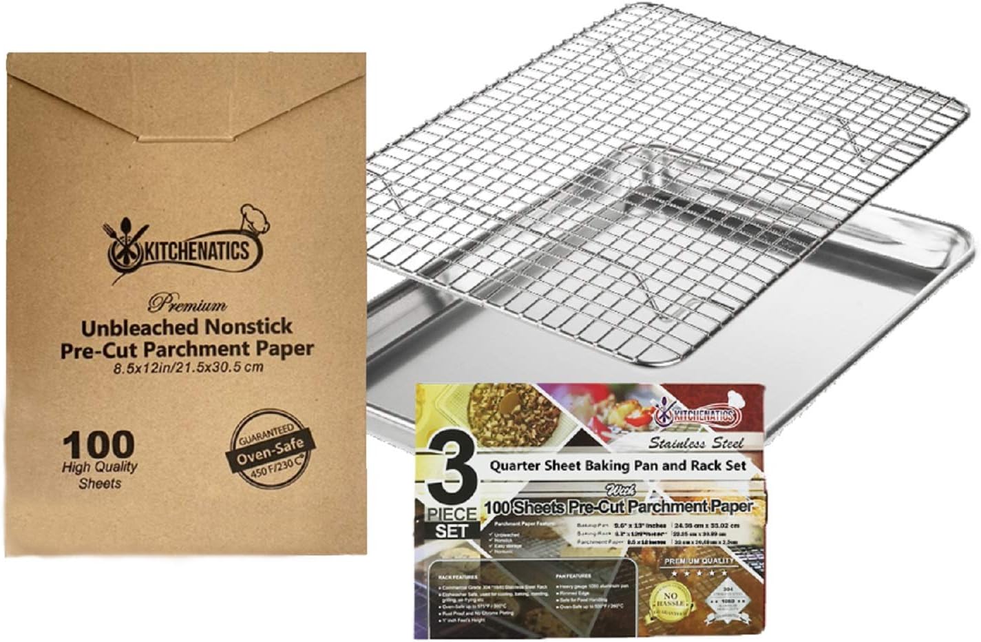 KITCHENATICS Small Baking Pan & Cooling Rack with 100 Sheets of Pre-Cut Parchment Paper, Quarter Size Aluminum Baking Pan & Stainless Steel Rack Set, Set for Oven & Grill, Non-Toxic, 9.6" x 13" x 1": Kitchen & Dining