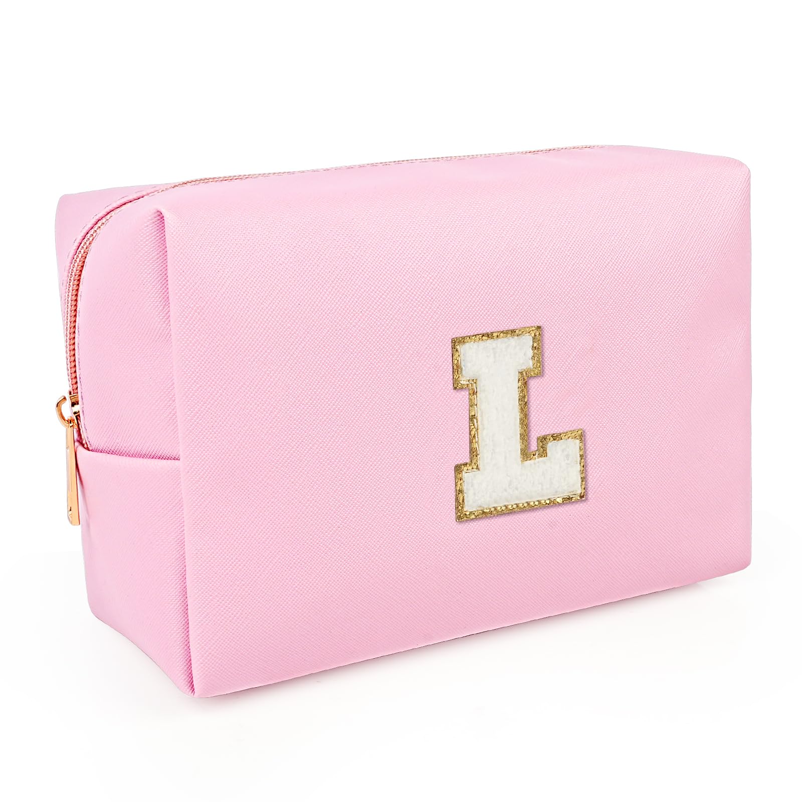 Hiyouer Personalized Initial Makeup Cosmetic Bag, Women Girls Gifts Preppy Stuff PU Leather Waterproof Makeup Pouch Make up Bags with Chenille Letter, Pink L