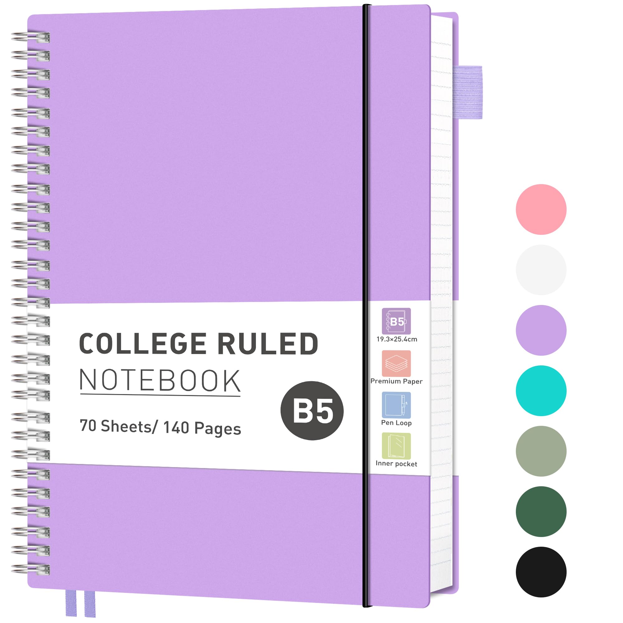 RETTACY B5 journal Notebook, Spiral Notebook 140 Pages/70 Sheets Lined for Women Men,Writing Notepad with 100gsm Paper,PVC Pocket, Pen Loop, Ruler, Bookmark,19 x 25 cm- Lilac