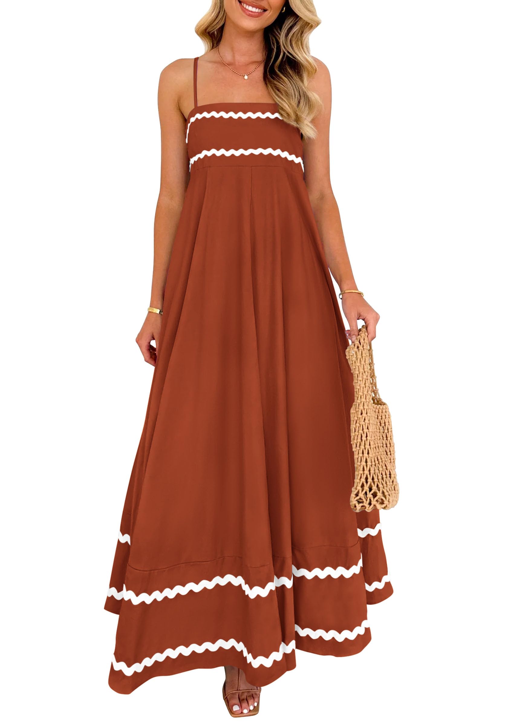 PRETTYGARDEN Women's 2026 Summer Flowy Maxi Dress Casual Sleeveless Spaghetti Strap Ruffle Beach Long Dresses (Rust,Large) Image