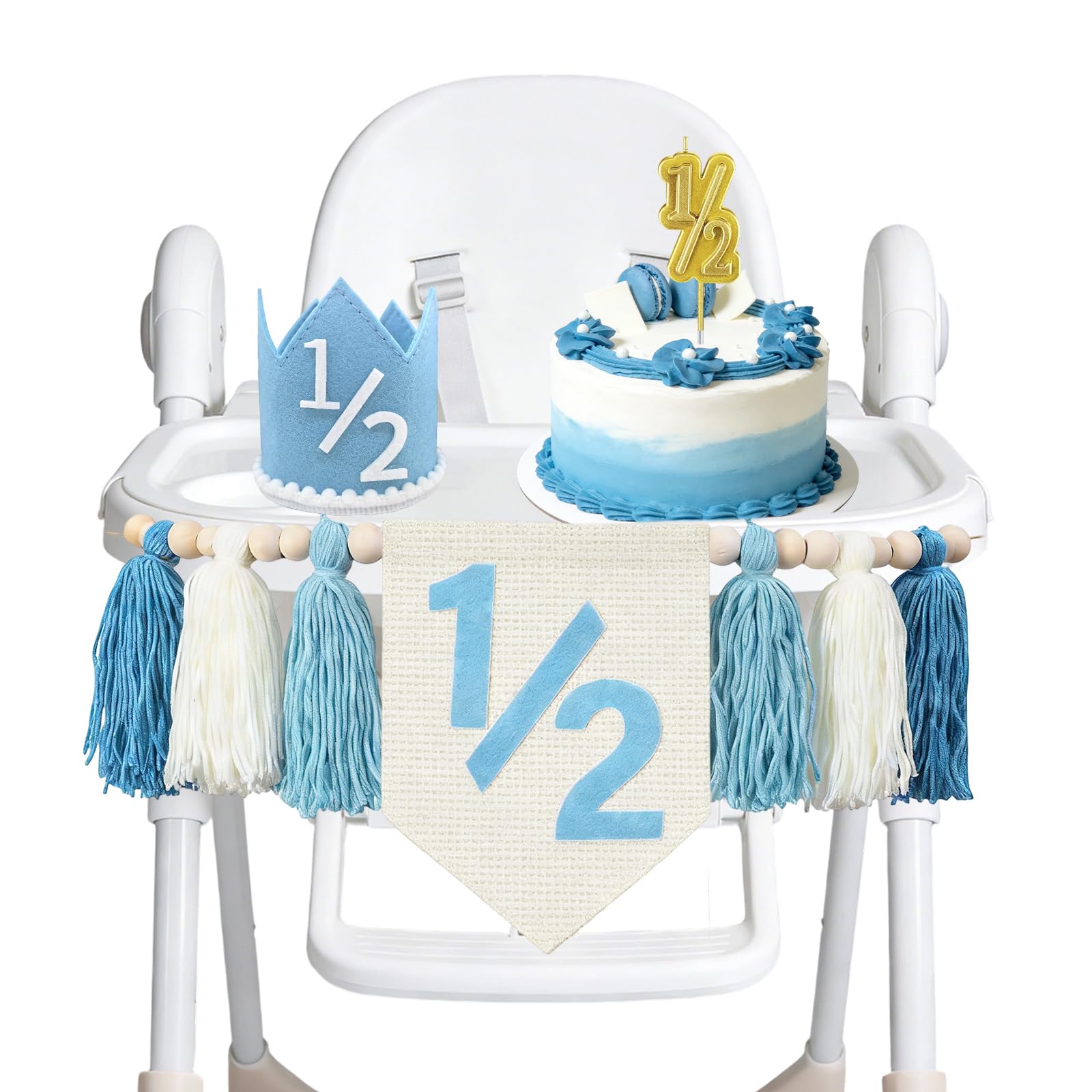 Photo 1 of 1/2 Birthday Boy High Chair Banner - 3PCS Half Birthday Decorations with Crown Birthday Hat Cake Candle, Half Way To One Decorations Kit for Baby Boy 6 Month Party Photoshoot Props?Blue?