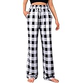 Alimens & Gentle Womens Pajama Pants Plaid Stretch Comfy Lounge Pants Drawstring Waist Sleep Bottoms with Pockets