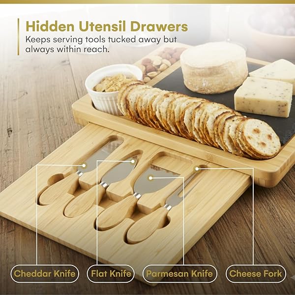 CHARCUTERIE BOARD GIFT SET, EXPANDABLE BAMBOO CHEESE BOARD WITH STAINLESS STEEL SERVING UTENSILS, CERAMIC BOWLS, APPETIZER AND SERVING TRAYS, UTENSIL TRAYS – HOUSEWARMING 2 DRAWERS