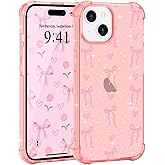 LAPOPNUT for iPhone 14/13 6.1" Case,Clear Cute Ribbon Bowknot Heart Pattern Glitter Sparkle Pink Phone Case for Women Girls,Shockproof Drop Protection Anti-Scratch Cover,Heart Bows