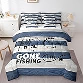 Erosebridal 7Pcs Comforter Set Full Size, Fishing Theme Bed in a Bag with Flat Sheet and Fitted Sheet for Kids and Adults, Camping Decor Bedding Set with Pillowcases & Throw Pillow Covers