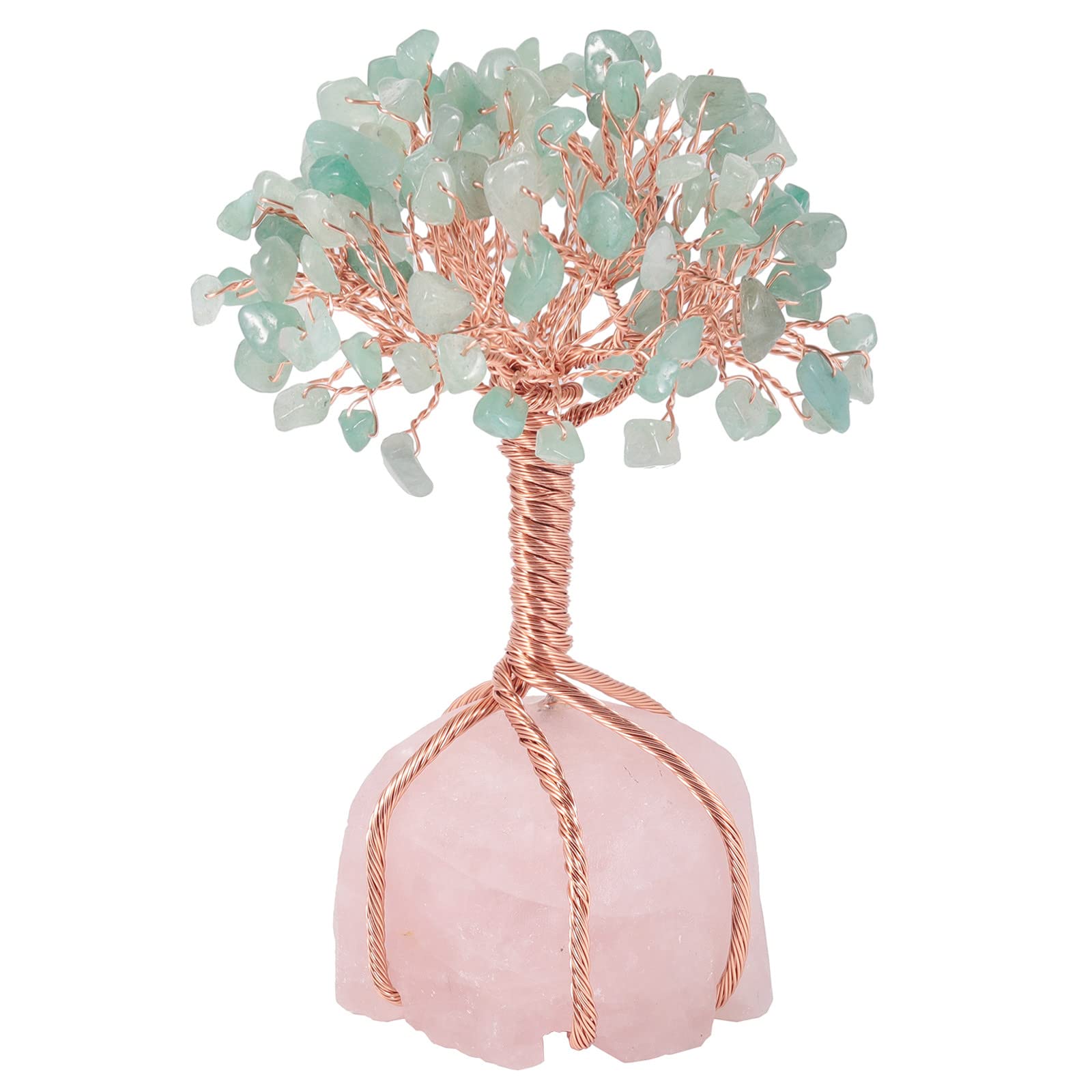 Nupuyai Green Aventurine Crystal Money Tree with Rose Quartz Raw Stone Base, Good Luck Fengshui Figurine Spiritual Healing Stone Tree Ornament Home Office Decor