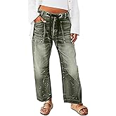 Flamingals Wide Leg Mid Waist Causal Baggy Barrel Jeans for Women Drawstring Eyelet Waist Denim Pants