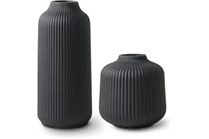 flature Ceramic Vases in Nordic Style, Modern Vase Deco for Pampas Grass, Boho Deco for Windowsill, Vases Set in Black Matt, Flower Vase as Home Decoration for Fresh Flowers, Dried Flowers, Set of 2