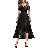 Miusol Women's Elegant V Neck Contrast Sequin Lace Chiffon Ruffle Split Evening Party Dress