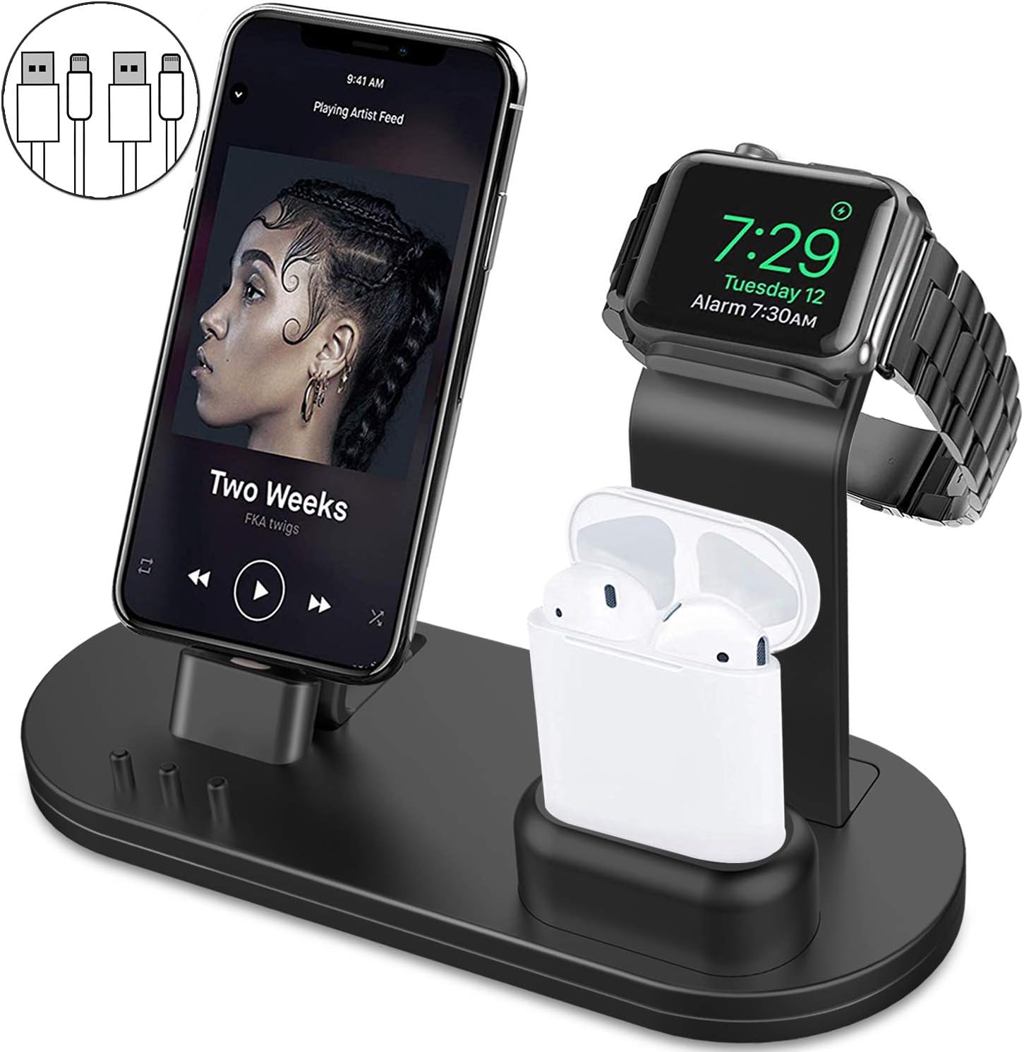 OLEBR 3 in 1 Charging Stand Compatible with iWatch Series 4/3/2/1, AirPods and iPhone Xs/X Max/XR/X/8/8Plus/7/7 Plus /6S /6S Plus/9.7 inches iPad (Original iWatch Charger Required) - Bright Black