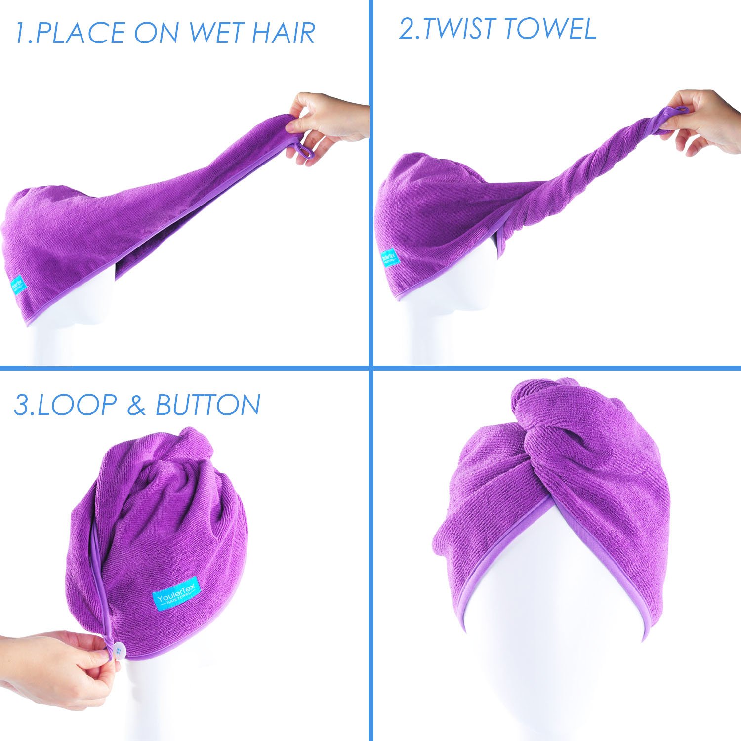 YoulerTex Microfiber Hair Towel Wrap for Women, 2 Pack 10 inch X 26 inch, Super Absorbent Quick Dry Hair Turban for Drying Curly, Long, Thick Hair(Purple+Gray) … : Beauty