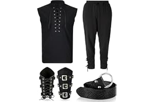 Vabean 4 Pcs Men's Renaissance Costume Set Medieval Sleeveless Pirate Shirt Halloween Viking Ankle Pants Belt Arm Guards