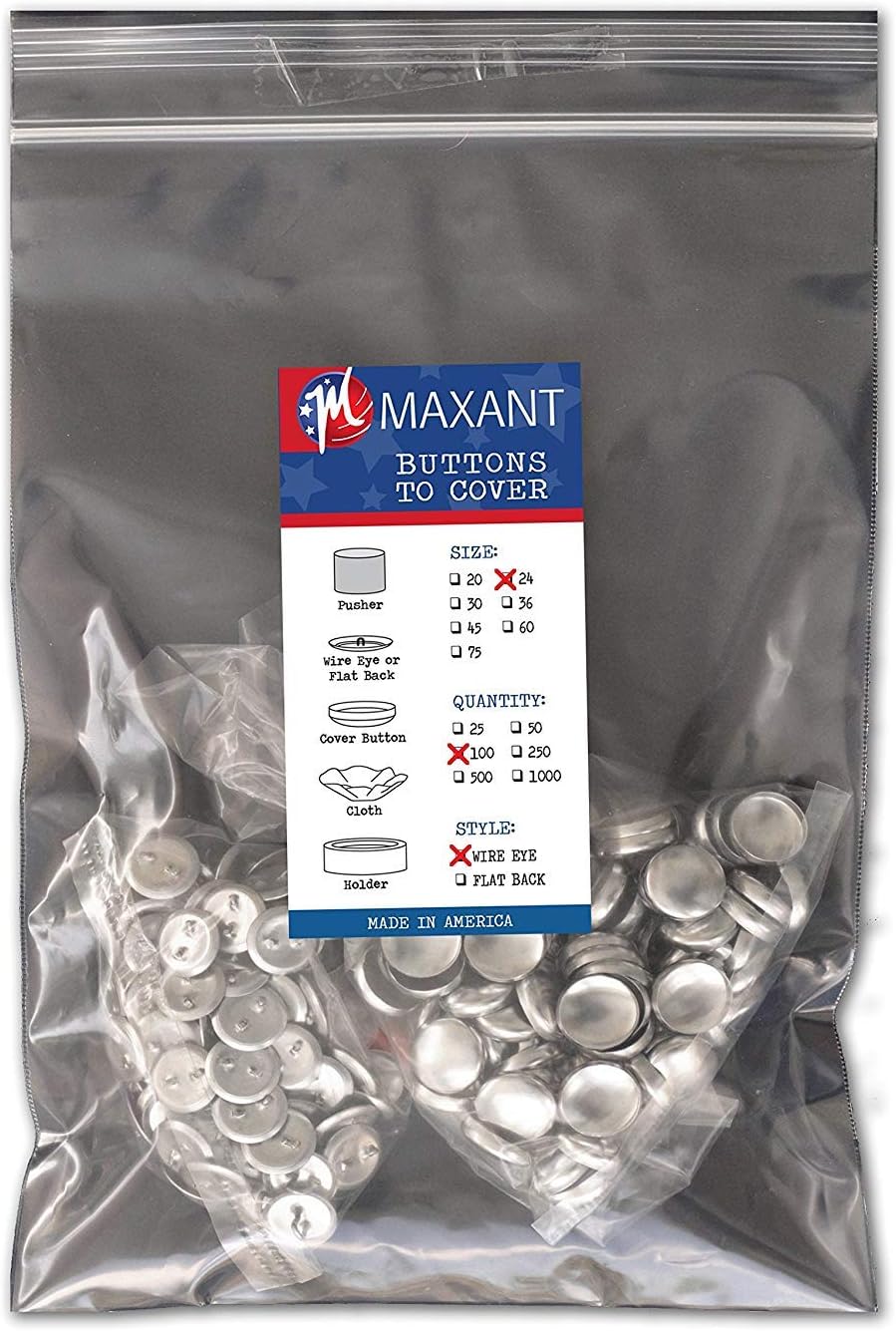 Maxant ButtonsQty 100 - Made in USA - Self Cover Buttons with Eye Thread Size 24 Wire