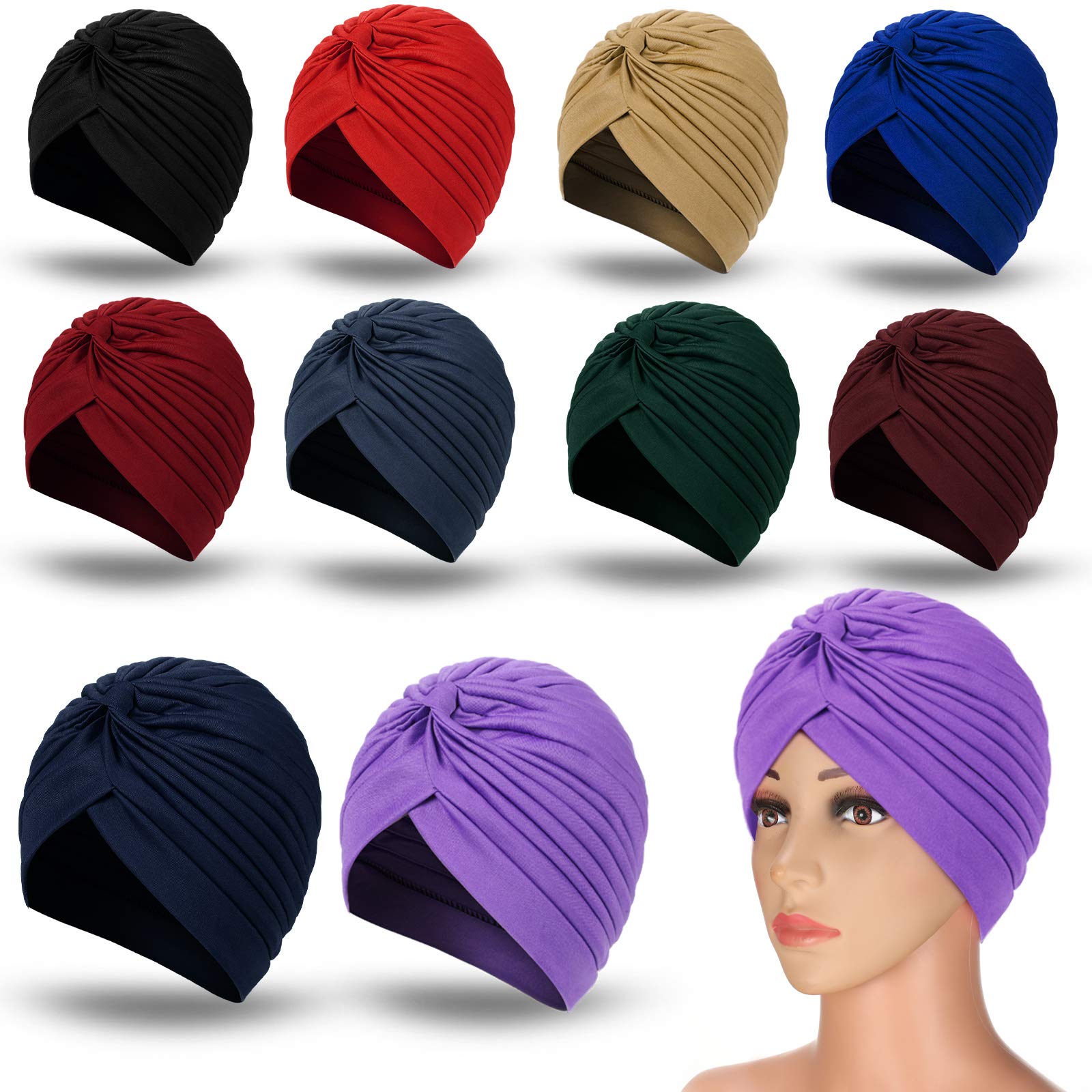 Photo 1 of 10 Pieces Stretch Polyester Turbans Head Bennie Cover India's Hat Twisted Headwrap (Dark Colors)