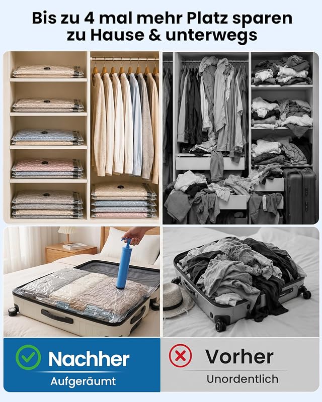 Vakuumbeutel für Kleidung, 4er-Set Vakuumbeutel (4 * 50x40cm), Vacuum Bags for Clothing mit Handpumpe für Reisen, Umzüge, Aufbewahrung