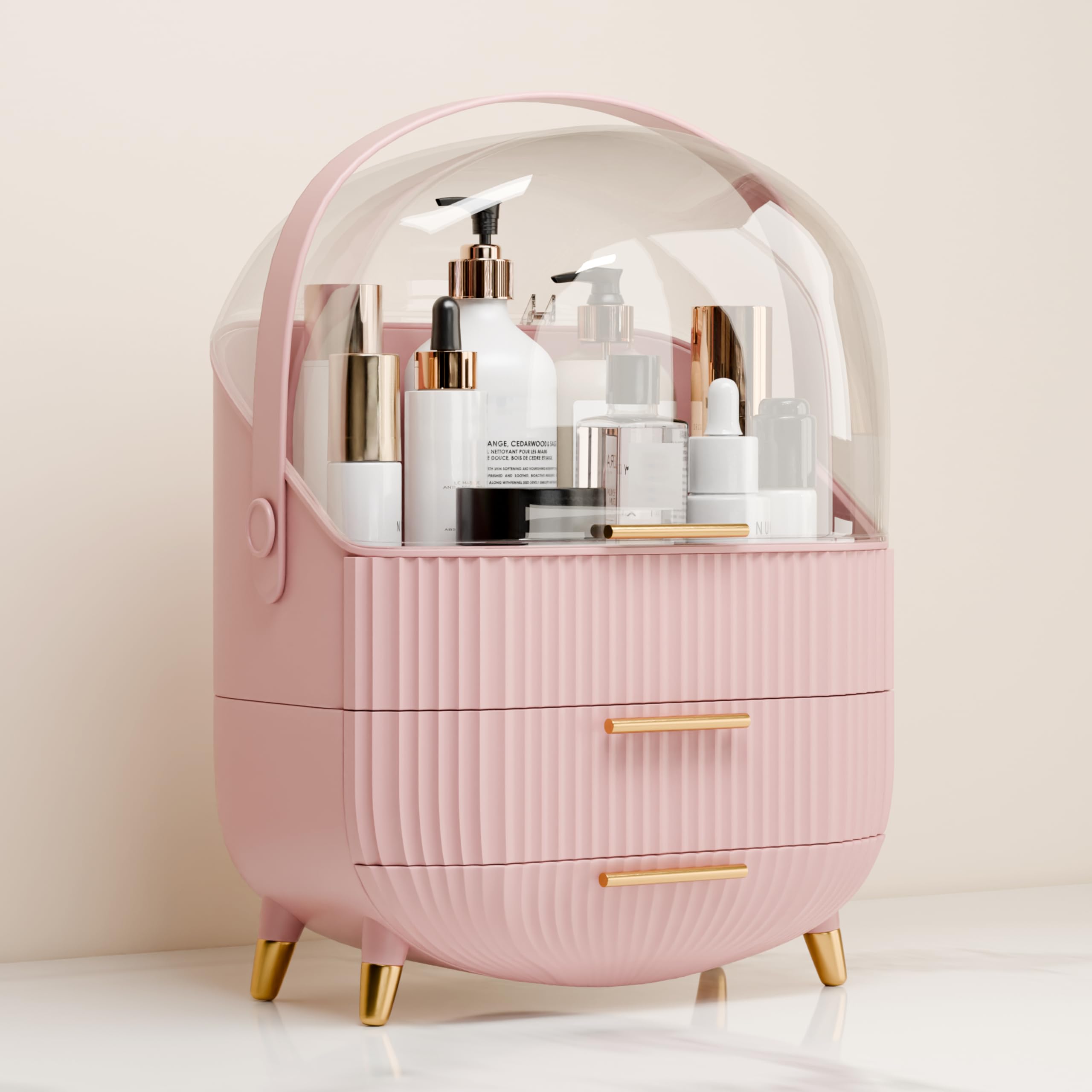 Photo 1 of lurcns Makeup Organizer for Vanity Cosmetics Skincare Organizers with Lid and Drawers Display Cases for Countertop (Pink)