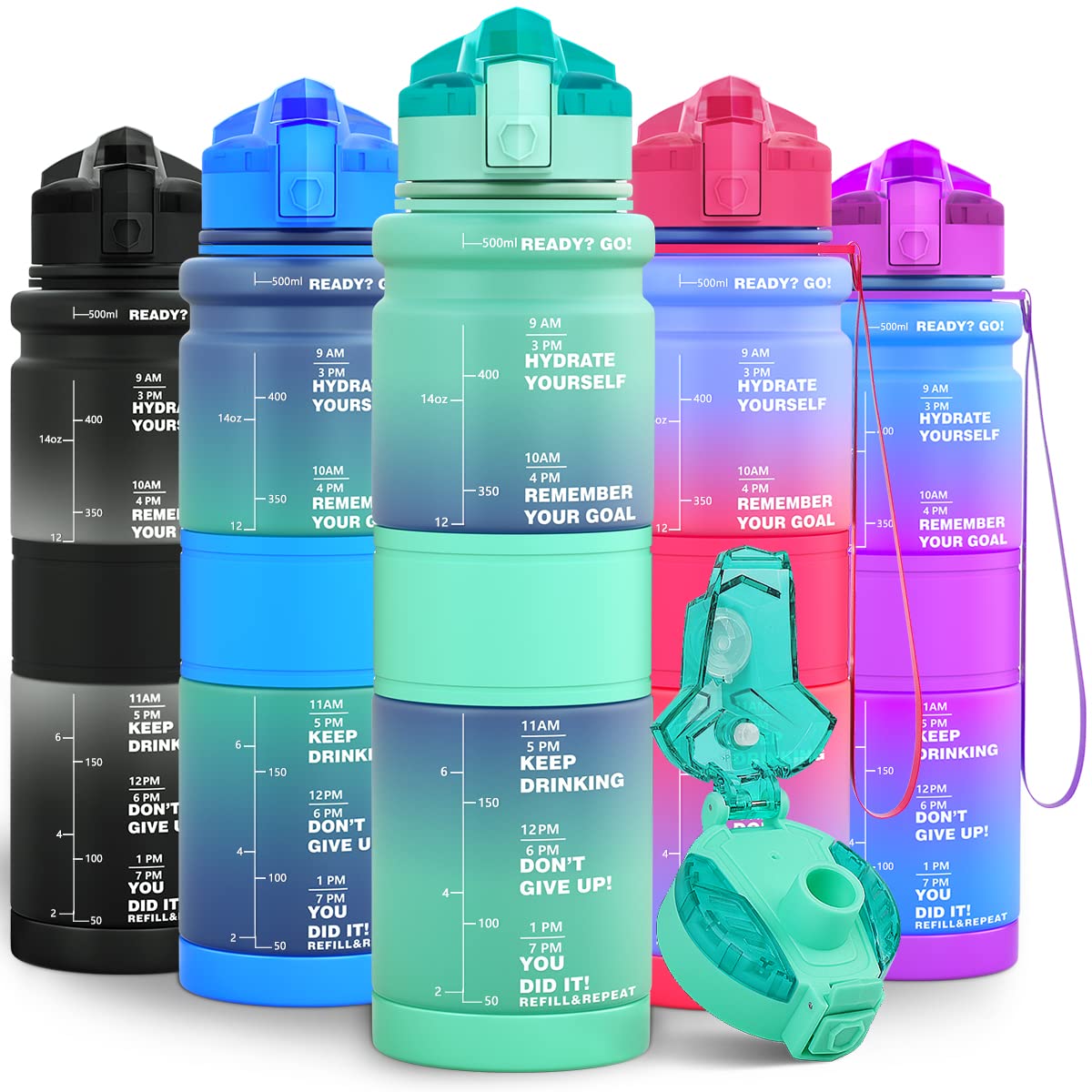 Lunidry 1 Litre Water Bottle, 500ml Kids Water Bottle for School, BPA Free Leakproof Motivational Plastic Drink Bottles with Time Markings, 1l Sports Water Bottles for Running, Gym, Mens