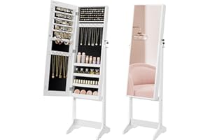 SONGMICS Mirror Jewelry Cabinet Armoire, Standing Full-Length Mirror, Lockable Jewelry Organizer, Gift Idea, White Surface and Black Lining UJJC69WT