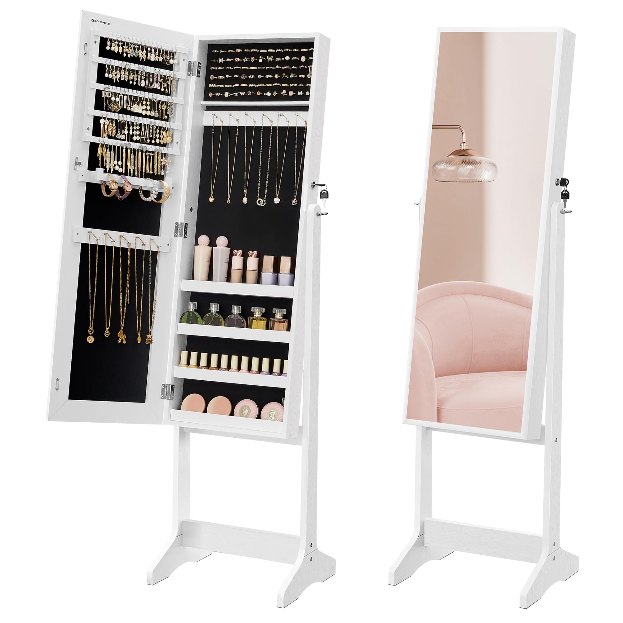 SONGMICS Mirror Jewellery Cabinet Armoire, Standing Full-Length Mirror, Lockable Jewellery Organiser, Gift Idea, White Surface and Black Lining JJC69WT