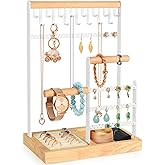 PAMANO Jewelry Organizer with Ring Tray, 15 Hooks Hanging Necklaces, 2 Wooden Bracelet and Metal Display Stand for Watches Earring, Gifts for Women and Girls
