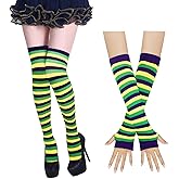 Benefeet Sox Womens Rainbow Striped Knee High Thigh High Socks Arm Warmers Set Fingerless Gloves Halloween Costume