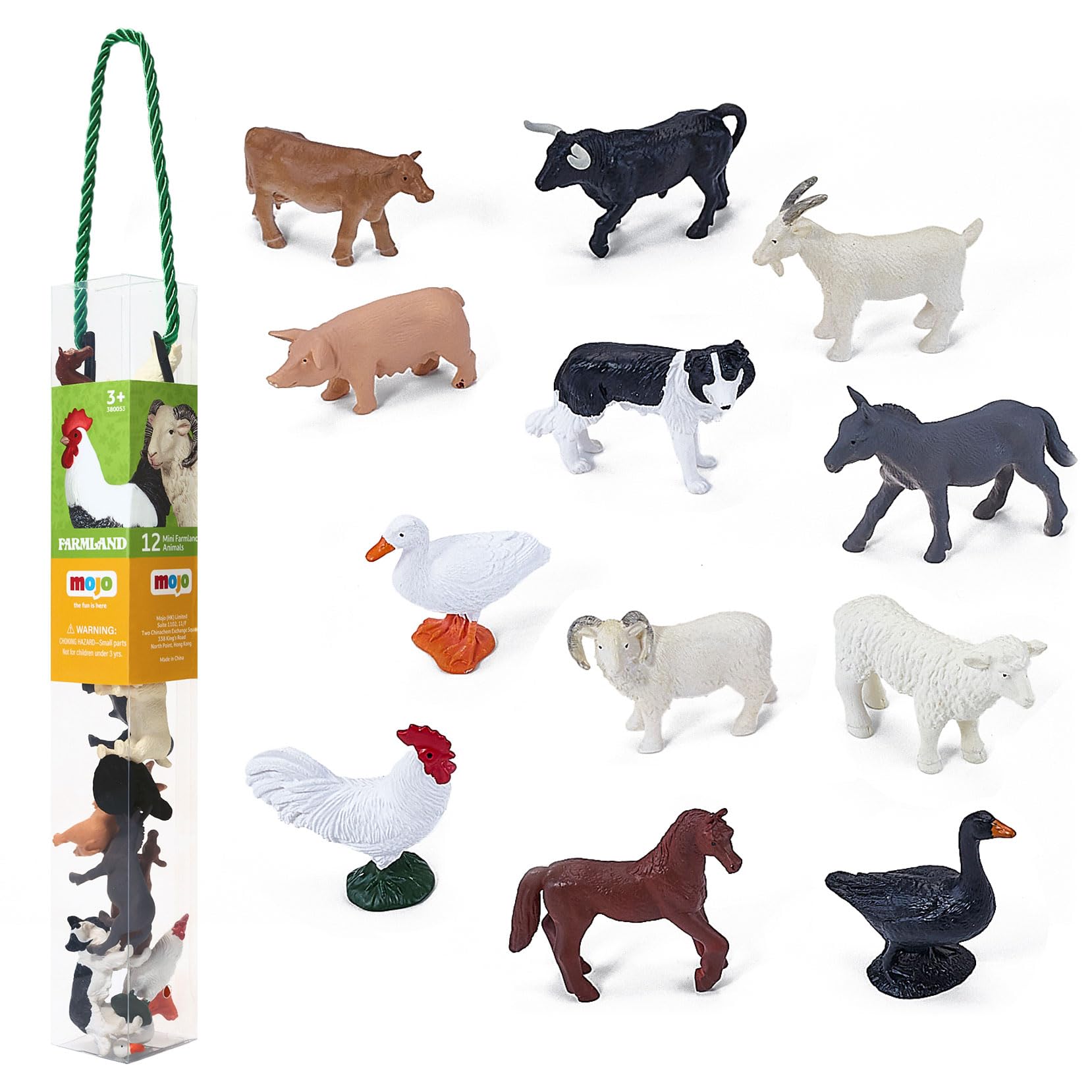 MOJO – Mini Farm Figure Playset 12pc Cow, Bull, Goat, Dog, Donkey, Duck, Goose, Sheep, Ram, Rooster, Horse | Hand-Painted Toy Figures | True to Life & Highly Detailed | Designed in UK