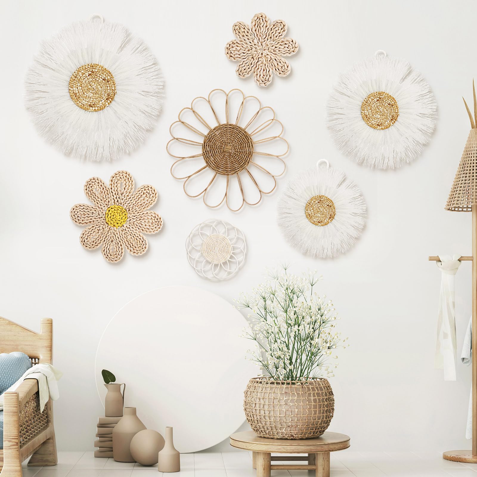 Photo 1 of ***MISSING P[IECES*** Chunful 4 Pcs Boho Wall Basket Decor Rattan Flower Wall Decor Nursery Daisy Flower Woven Macrame Hanging Flowers for Baby Kids Girls Farmhouse Bedrooms Living Rooms Kitchen Home(Milky White)