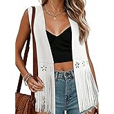 Dokotoo Womens Fringe Vest Cowgirl Western Outfits 70s Hippie Costume Sleeveless Hollow Out Faux Suede Tassel Outerwear