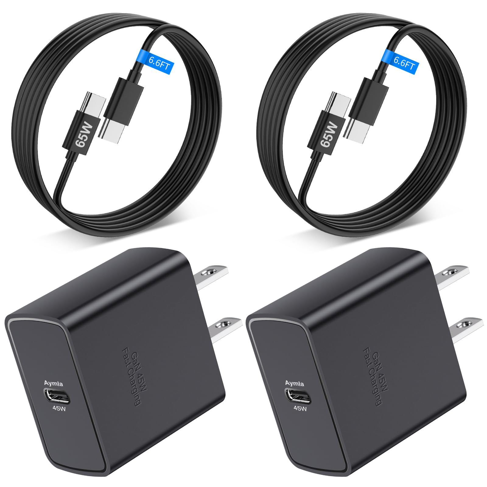 2 Pack 45W USB C Fast Charger GaN Adapter for Google Pixel 9 Pro XL/9 Pro/9/8 Pro/8/8a/7 Pro/7a/7/6/5/4/3, Aymla 45 Watt PD Type C Wall Plug Charging Rapidly Block with 6.6FT C to C Cable (Black)