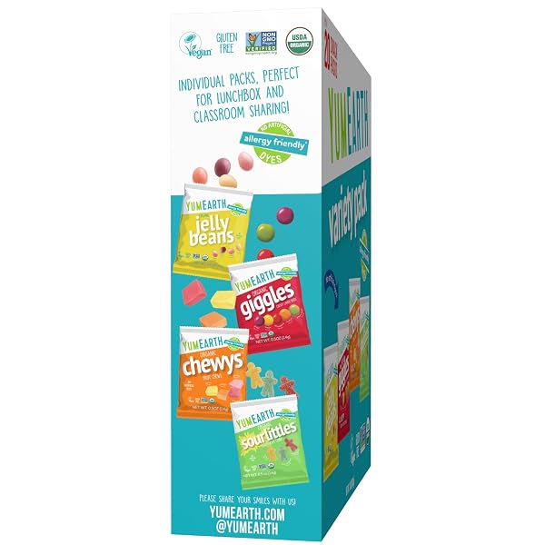 YUMEARTH ORGANIC VARIETY BOX – JELLY BEANS, GIGGLES, CHEWYS, SOUR LITTLES – ALLERGY FRIENDLY (TOP 9 FREE), NO ARTIFICIAL DYES, NON GMO, GLUTEN FREE, VEGAN -INDIVIDUALLY WRAPPED (PACK OF 20)