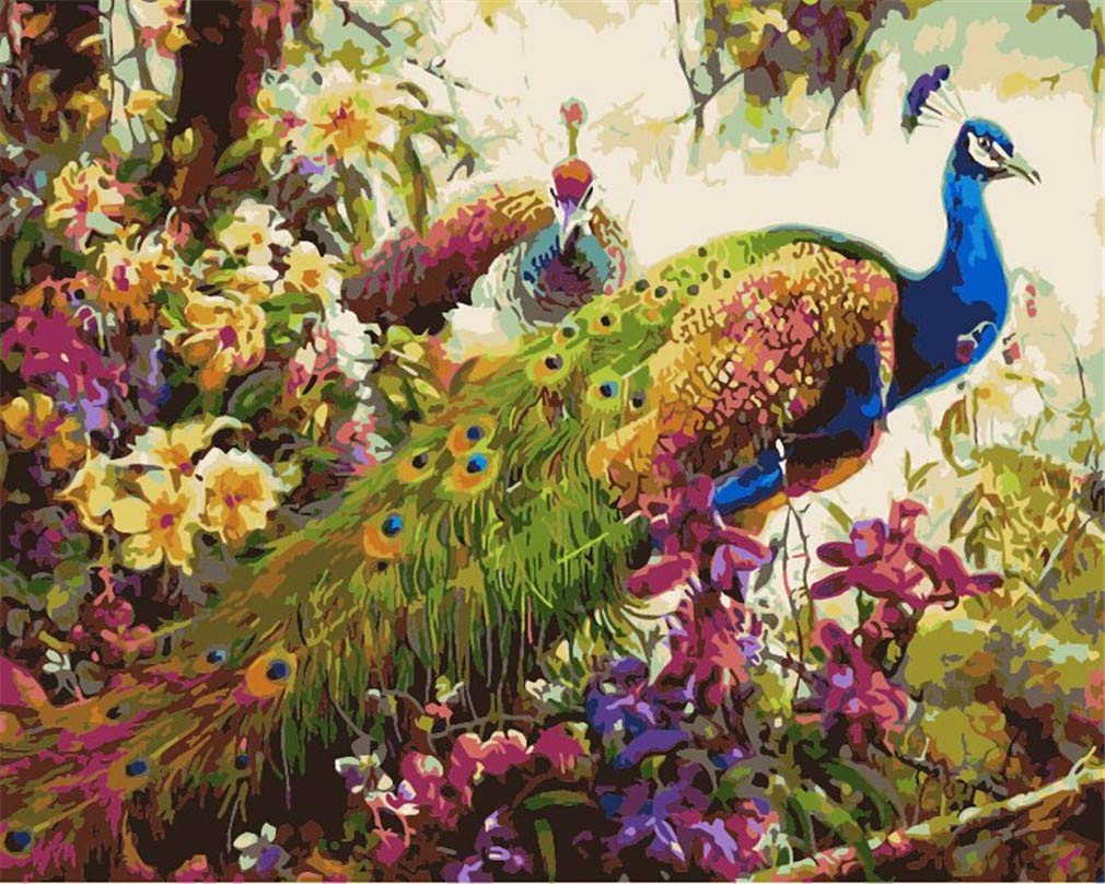 YEESAM ART DIY Paint by Numbers for Adults Beginner Kids, Peacocks Flower Forest Birds 16x20 inch Linen Canvas Acrylic Stress Less Number Painting Gifts