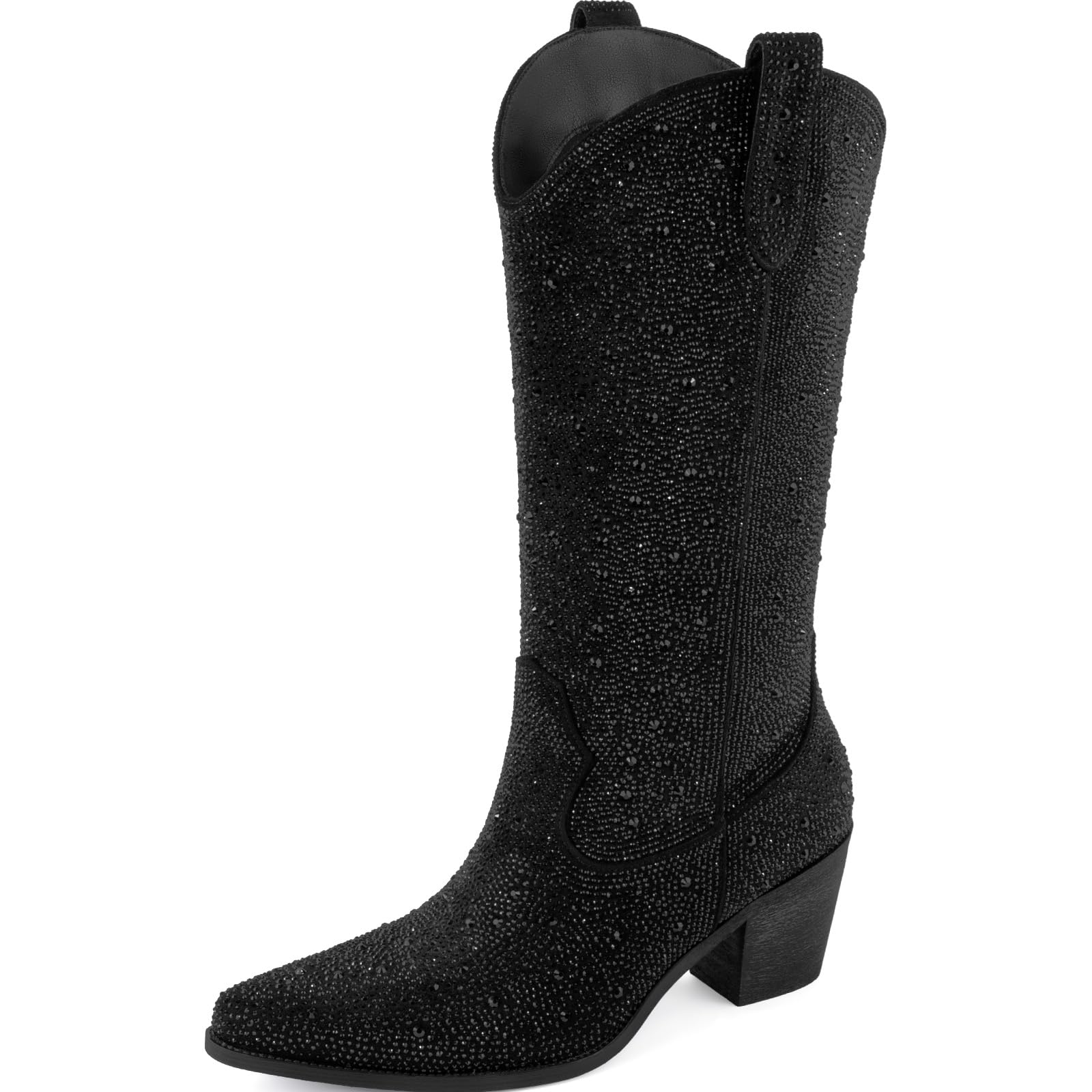 Photo 1 of Women’s Rhinestone Cowboy Boots Mid Calf Pointed Toe Sparkly Block Heel Cowgirl Boots with Pull On Tabs