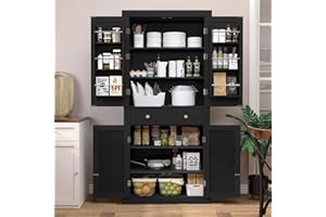 FGNTWP 72” Kitchen Pantry Cabinet, Kitchen Cabinet with 6 Hanging Shelves & 1 Large Drawer, Adjustable Shelf, for Dinging Room, Living Room, Black
