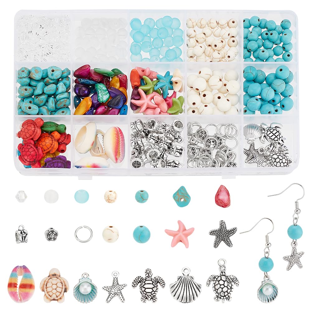 PH PandaHall 371pcs Ocean Theme Jewellery Kits Seashell Charms Turquoise Turtle Starfish Beads White Blue Beads with Jewellery Findings for Summer Necklace Earring Bracelet Anklet Jewellery Making — image 1