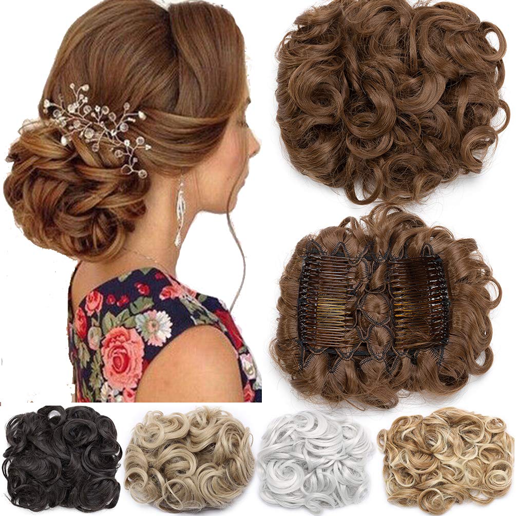 Short Messy Curly Dish Hair Bun Extension Easy Stretch hair Combs Clip in Ponytail Extension Scrunchie Chignon Tray Ponytail Hairpieces Light Brown