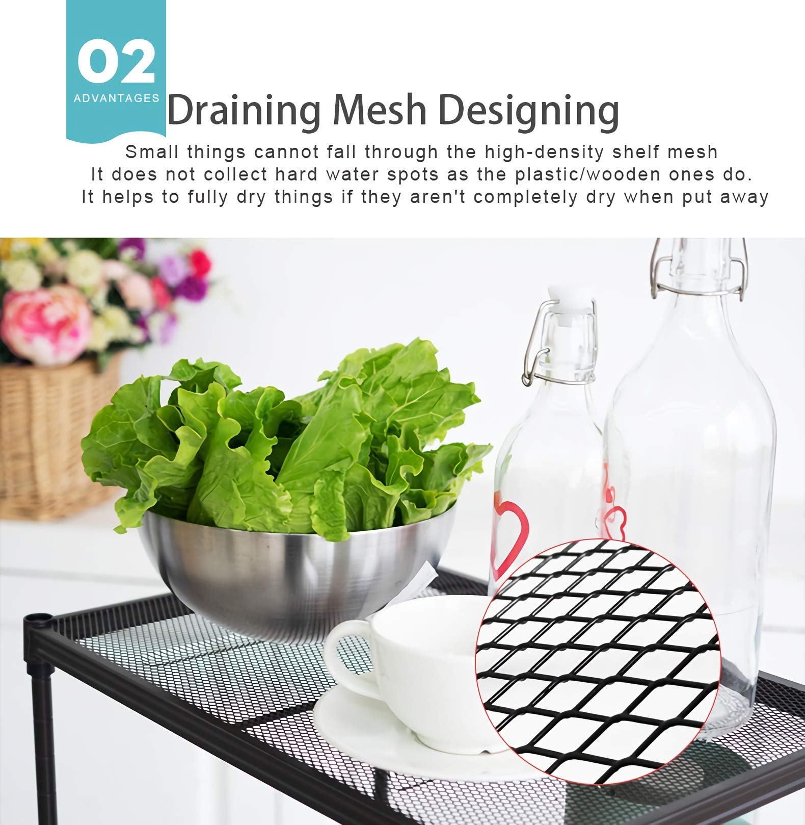 Iris\'Home 4-Tier Mesh Freestanding Bathroom Storage Shelf on Wheels, Restroom Shelves,Towel Organizer/Tower/Shelf, Metal Corner Shelf- Grey