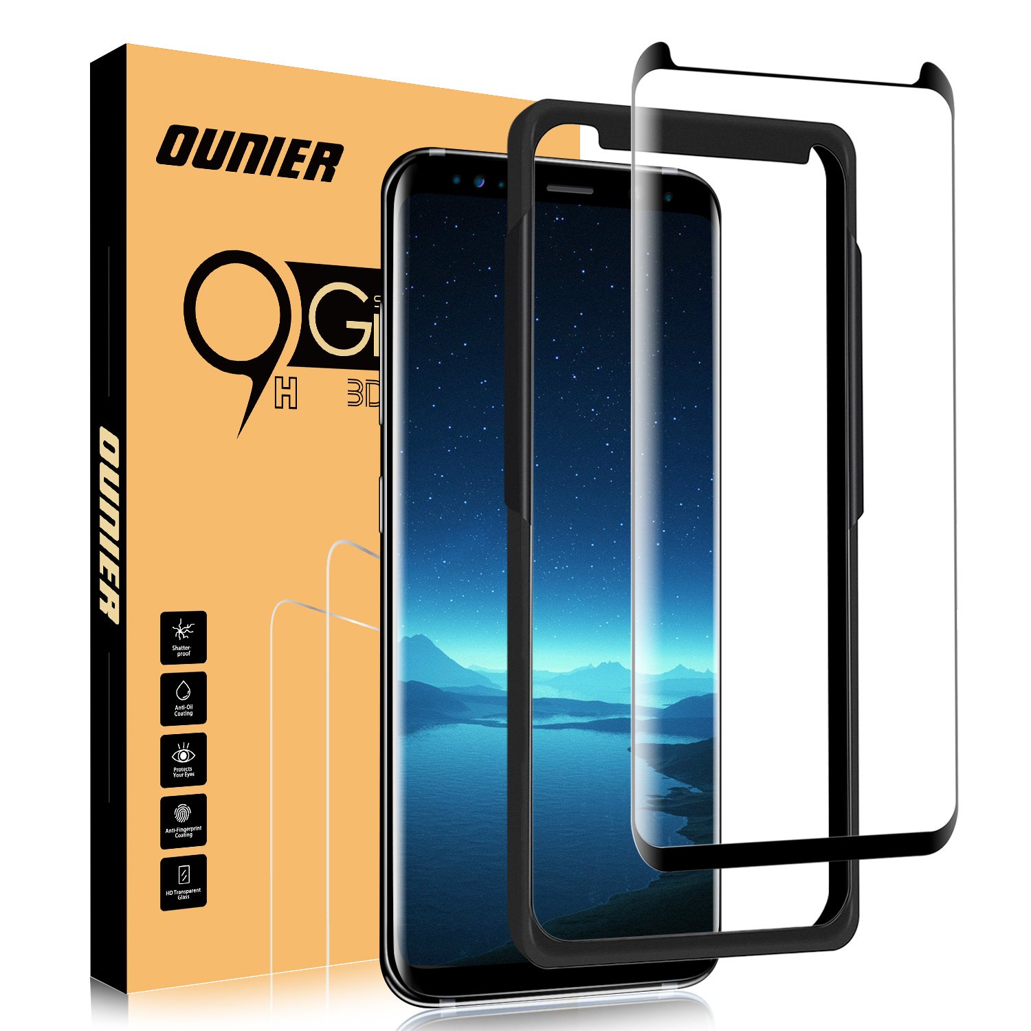 Ounier Galaxy S8 Tempered Glass Screen Protector, [Case Friendly][Easy Installation Tray] 3D Curved Tempered Glass Screen Protector (Black)