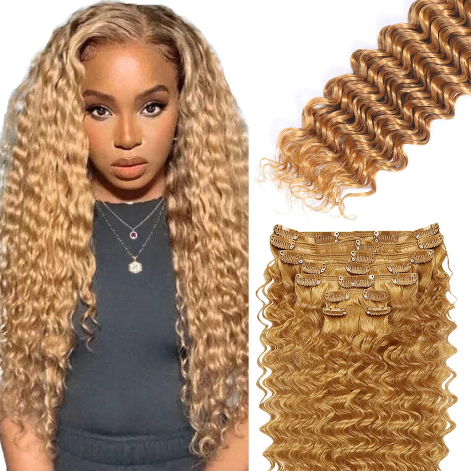 Photo 1 of 28 Inch #27 Blonde Clip in Hair Extensions,Soft Real Human Hair 120g 7pcs,Brazilian Remy Clip ins for Women,Honey Blonde Deep Wave Clip ins Silky Hair Extensions