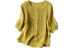 Cotton Blouses for Women Linen Boho Crew Neck Button Down 3/4 Sleeve Casual Baggy Embroidered Tunic Shirt