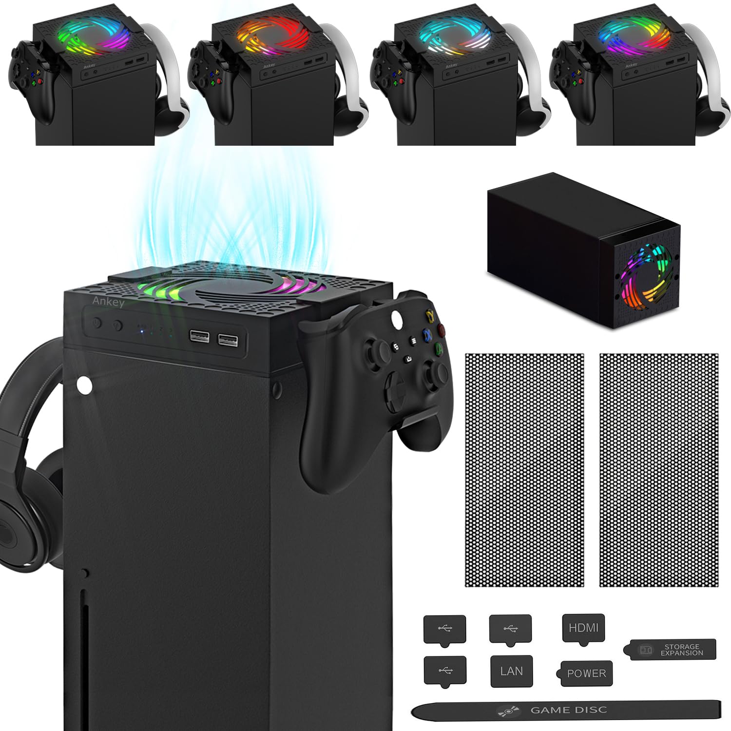 Photo 1 of Ankey Automatic Cooling Fan for Xbox Series X Console, Temperature-Controlled Cooling Fan System 2 Holders for Controller Headphone Low Noise RGB Light 2 USB Ports for Charging & Data