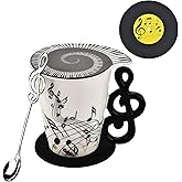 BUYNEED 12.9 oz Music Novelty Mug Unique Musical Note Design Tea Coffee Milk Ceramic Mug Cup with Cool Music Themed Lid and Spoon&Coaster,Musicians Gifts,Music Lovers Gift for Men,Women,Teacher,Black