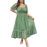 SHESTARR Women's Plus Size Maxi Dress Short Sleeve Square Neck Tie Front Swiss Dot A Line Wedding Guest Dresses
