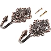 Hicello 2Pcs Wall Hooks Red Copper Rose Pattern Carved Vintage Drapery Clothes Key Hook Bathroom Bedroom Multi-Function Decorative Hook with Screws