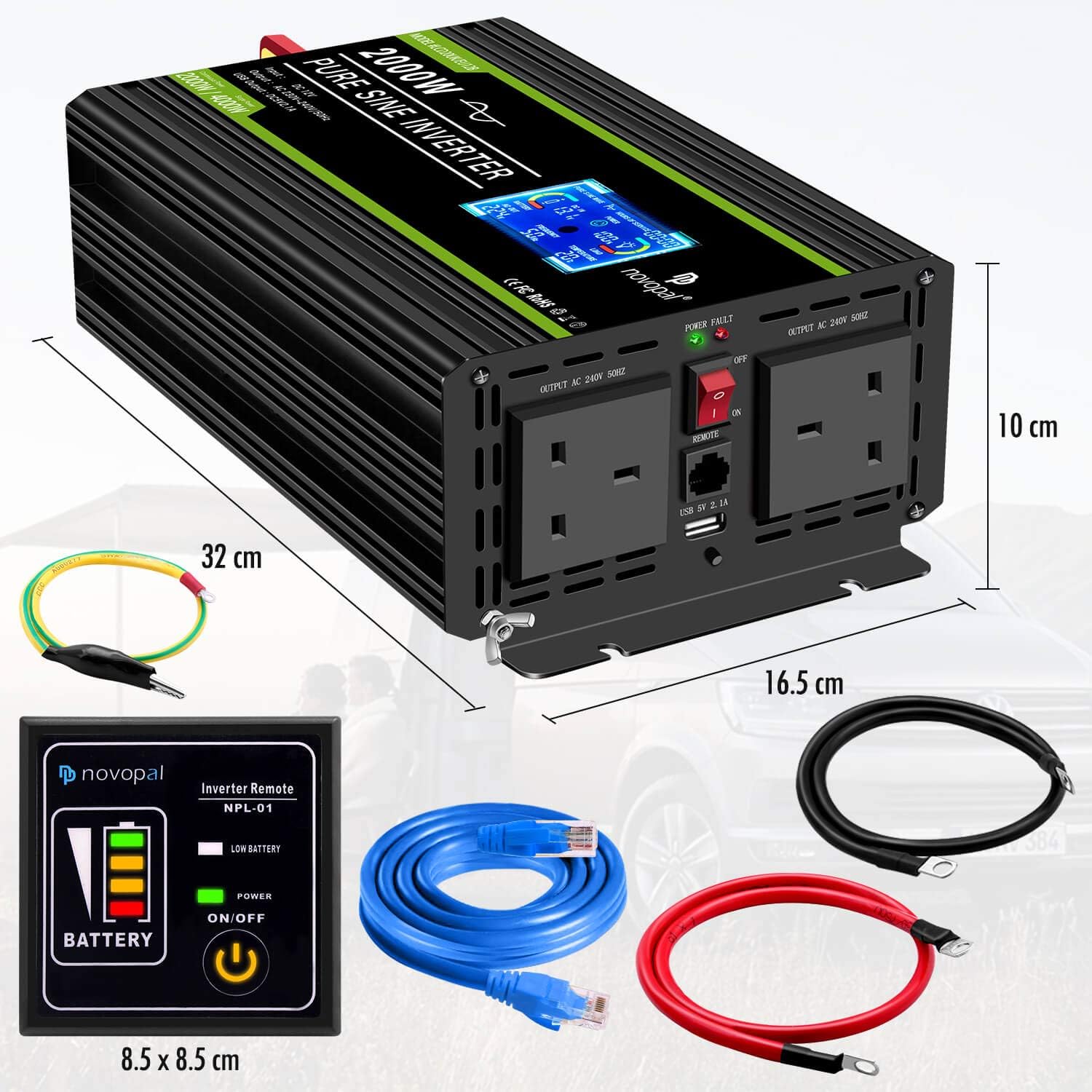 Novopal 2000W Pure Sine Wave Inverter 12V to 230V 240V Car Converter Power Inverter with LCD Display 2AC Outlets and USB Port,Remote Control for Motorhomes,Truck,Boat,Camping,Household,Van - Image 3