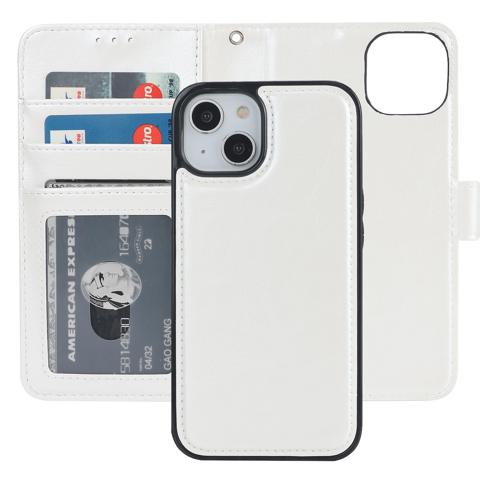 Bocasal Detachable Wallet Case for iPhone 14 RFID Blocking Card Slots Holder Premium PU Leather Magnetic Kickstand Shockproof Wrist Strap Removable Flip Protective Cover 5G 6.1 inch (White)