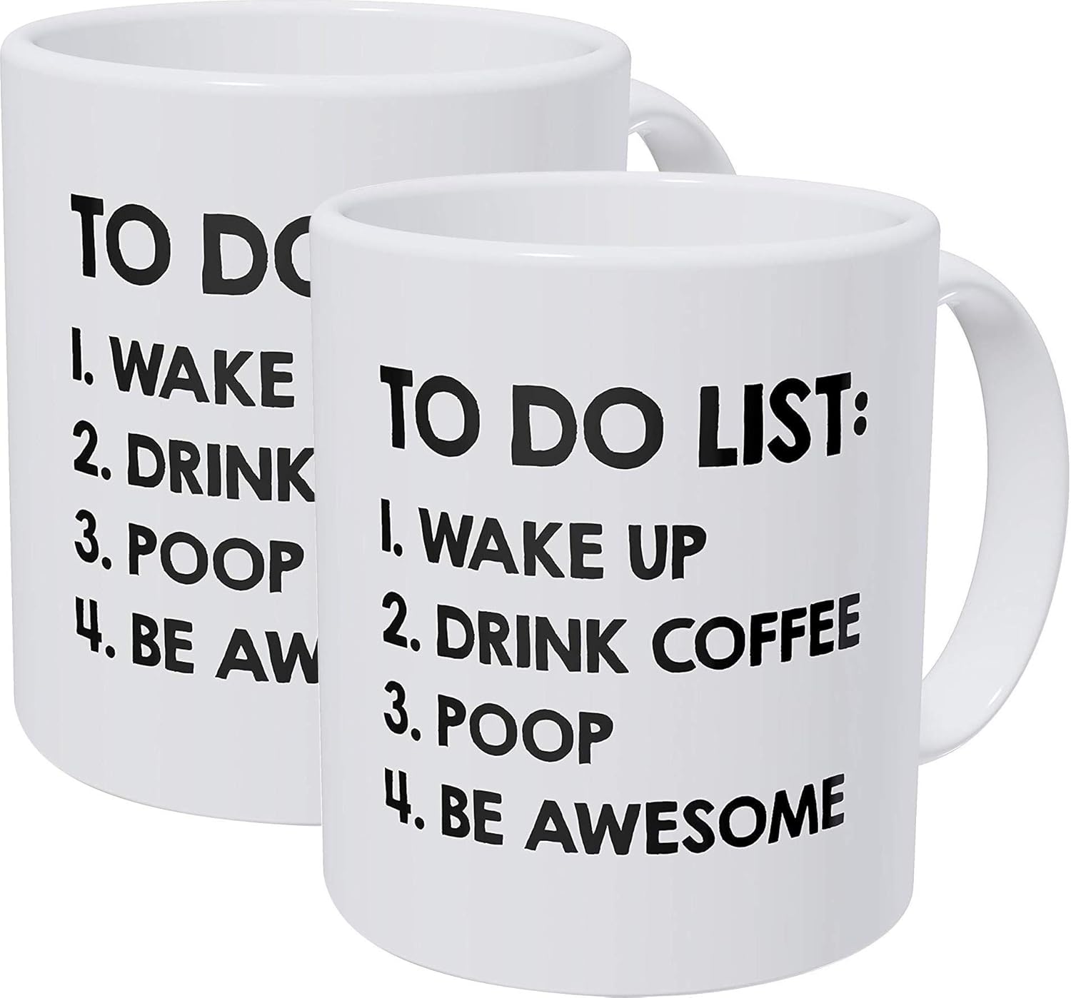 Willcallyou Pack of 2 to Do List, Wake Up, Drink Coffee, Poop, Be Awesome 11 Ounces Funny White Coffee Mug