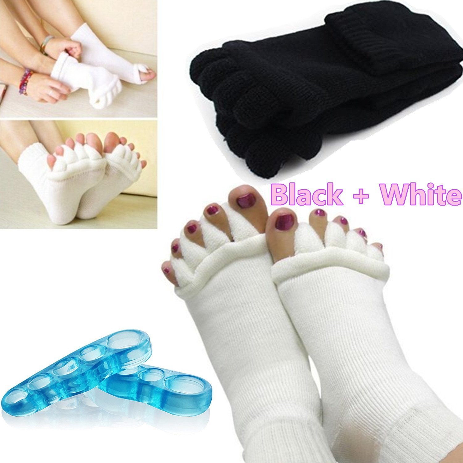Toe Separators Set 1 Pairs, Black White Toes Alignment Socks, Gel Toe