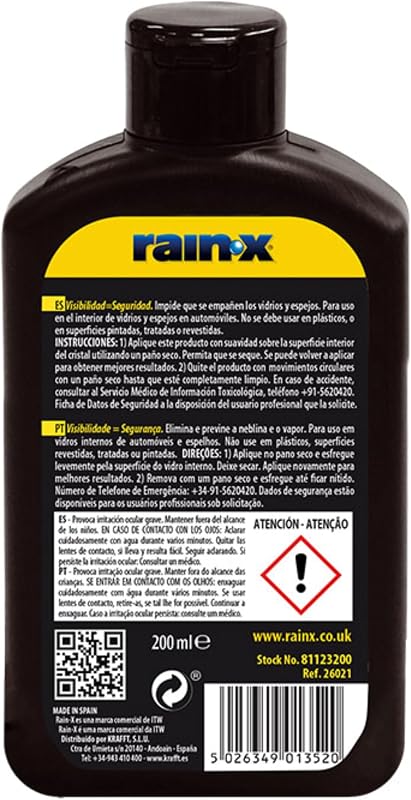 Tratamento antiembaçante rain-x 26021, fabricado na espanha, pára-brisa do carro, luas, espelhos, óculos, óculos, 200ml
