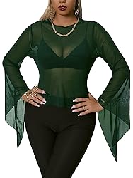 SOLY HUX Women's Plus Size Mesh Sheer Bell Long