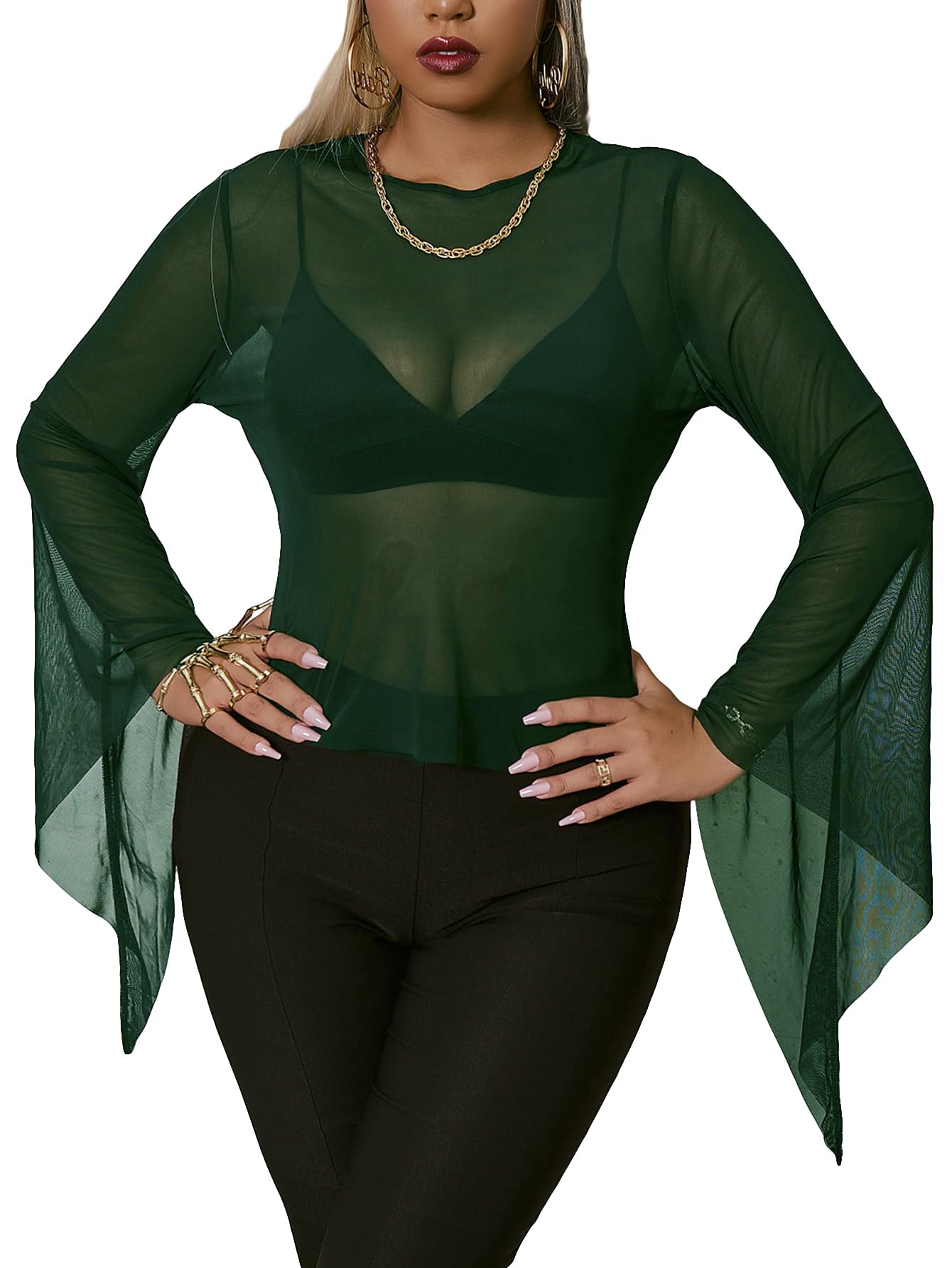 SOLY HUX Women's Plus Size Mesh Sheer Bell Long